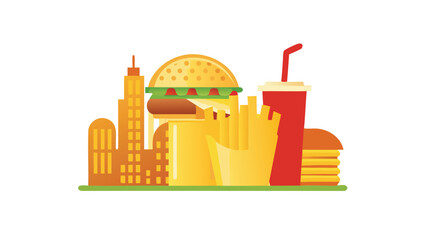 Obraz premium Illustration of a cityscape with fast food items including a burger fries and a drink in the foreground