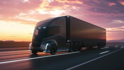 An electric truck drives along a highway during sunset showcasing its futuristic design and eco friendly technology as the sky illuminates - Powered by Adobe