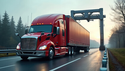 Red semi-truck passes through a weighing station on a highway. The large vehicle carries cargo under a bright sky. Logistics and transportation industry focus. AI generated art.