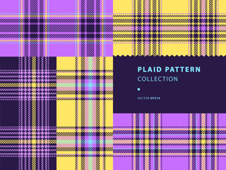 Plaid seamless patterns, set with lavender, golden yellow and celestial blue