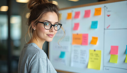Young woman with glasses stands near idea board. She wears a grey t-shirt. Creative business plan with sticky notes on whiteboard. Woman displays confidence and focus in modern workspace.