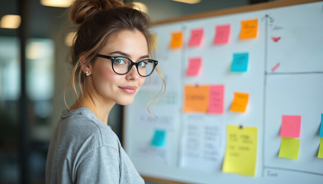 Young woman with glasses stands near idea board. She wears a grey t-shirt. Creative business plan with sticky notes on whiteboard. Woman displays confidence and focus in modern workspace.