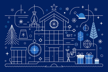 Christmas Scene Depicted in Blueprint Style