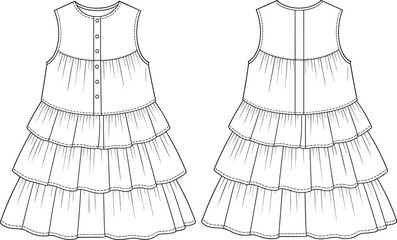 Flat sketch of tiered sleeveless dress with buttons, ruffle layers, gathered seams, fashion CAD, front and back technical illustration