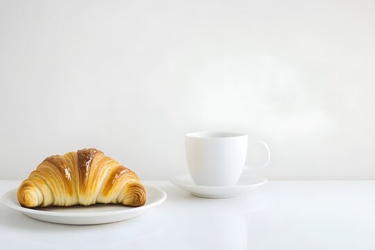 Croissant and coffee on table, minimal white background with space beside for morning quote