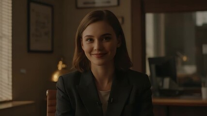 Smiling Businesswoman in Professional Attire Sitting Confidently in Office