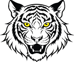 Fototapeta premium Aggressive White Tiger Head, Black and White Line Art, Fierce, Powerful, Mascot Style, Vector Illustration, Graphic Design Element, Wild Animal, Predator, Intense Gaze, Yellow Eyes.