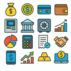 A set of financial icons for fintech, banking apps, payments, crypto, and the economy. Generative AI.