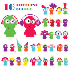 Set of 16 colorful cartoon character couples with playful expressions and quirky accessories. Fun vector illustration ideal for kids' projects, educational materials, games, and creative designs.