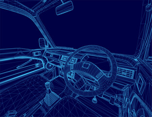 Blueprint of a car dashboard featuring a steering wheel, speedometer, and wireframe elements against a deep blue background. The design includes cargo truck details with precise technical lines.