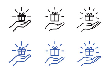 Hand holding gift box with radiating light icons