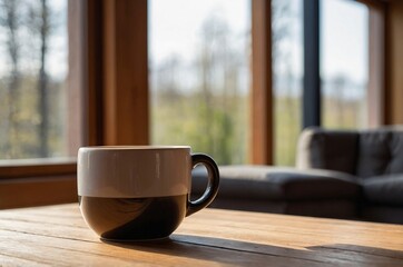 Obraz premium Scandinavian Style Living Room with Ceramic Cup on Wooden Table