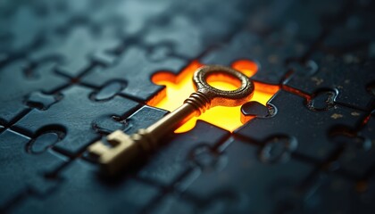 Golden key rests on dark jigsaw puzzle with glowing light emanating from missing piece. Intricate metal object represents solution to challenge mystery. Discovering answer unlocks opportunity,
