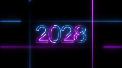 New Year 2028 illustration. 2028 number neon text black background illustration. and creating a stunning video.4k illustration