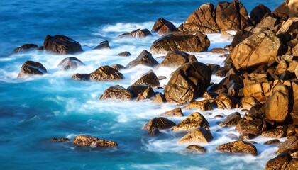 Obraz premium Coastal serenity waves meet rugged rocks creating a captivating seascape embracing natures beauty