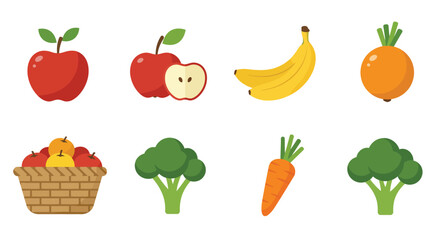 Flat Vector Illustration of Healthy Fruits and Vegetables on White Background