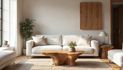 Obraz premium Modern living room with white boucle sofa, textured rug, wood coffee table, potted plant. Soft natural tones create cozy, comfortable, minimalist atmosphere. Stylish home interior design features