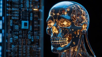 Android with a transparent skull showing glowing circuits and AI core 3