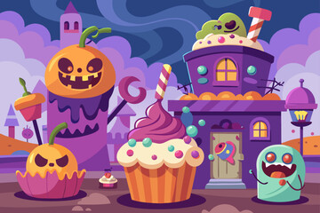 Whimsical Vector of a Haunted Bakery with Flying Cupcakes