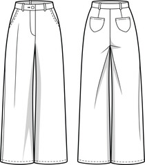 Women’s wide-leg pants flat sketch with front button closure and back patch pockets, front and back CAD template design