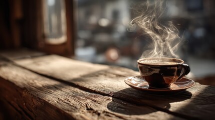 Steaming coffee cup sits on a rustic wooden table by a bright window. Great for illustrating cozy mornings, relaxation, and simple pleasures.