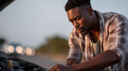 Man repairs vehicle on roadside during sunset, focused on engine diagnostics and troubleshooting