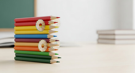 Obraz premium A stack of colorful pencils with shavings on a light surface in a classroom setting image view back to school ai generated