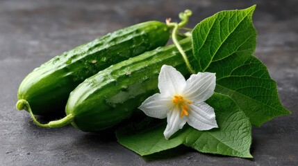Cucumbers with leaves and flower