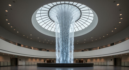 Obraz premium Spectacular indoor water feature beneath a circular skylight in a modern building design creating