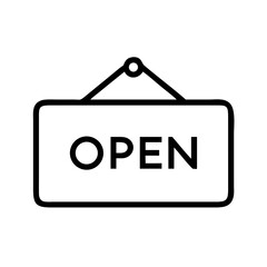 Minimalist black outline vector icon of a square "OPEN" sign hanging on a string from a nail, symbolizing business availability, store hours, and welcome message. Isolated on a transparent background