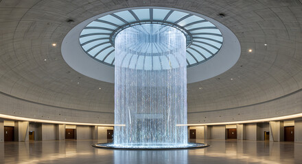 Spectacular water feature cascading inside a modern architectural dome structure