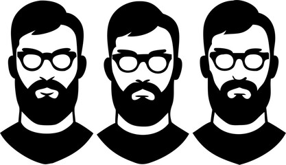 Hipster Man Icons: Two Stylish Bearded Men with Glasses, Black and White Minimalist Vector Illustration