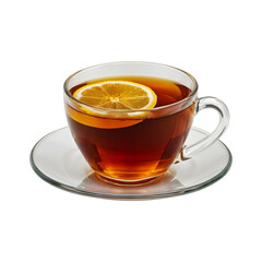 a glass cup of hot tea with a slice of lemon on transparent background