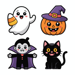 Cute Halloween vector illustration of Cute Halloween Cartoon Characters: Ghost, Pumpkin, Vampire, Black Cat - Kawaii Clipart for Holiday Designs