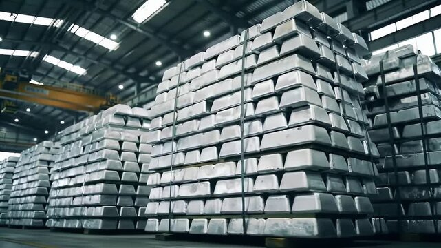 Stacks of Shiny Aluminum Ingots in a Well Lit Industrial Warehouse Setting