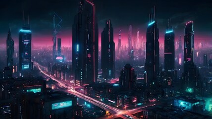 Futuristic city skyline at night with flying cars and neon lights 3