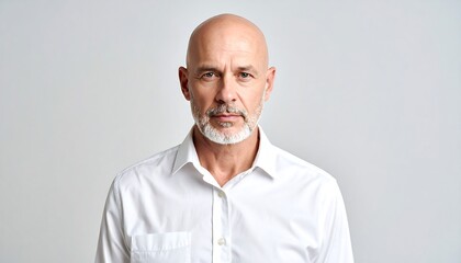 Obraz premium Confident mature bald man in a crisp white shirt staring intently at the viewer