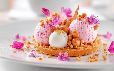 Gourmet dessert topped with edible flowers and caramel pearls
