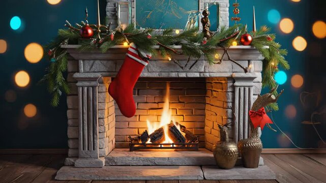 Close-up of a New Year's sock hanging from a fireplace, from which sweets, toys and small packages are peeking out, cozy atmosphere, soft warm light
