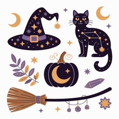 Naklejka premium Cute Halloween vector illustration of Mystical Halloween Elements: Witch Hat, Black Cat, Pumpkin, and More