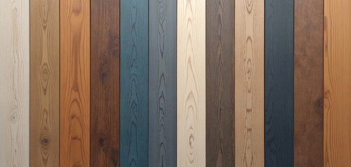 Variety of wood-look flooring samples in vertical planks. Includes brown, grey, blue, natural wood tones with distinct grain patterns. Ideal for interior design inspiration modern decor, construction