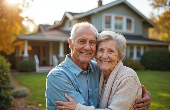 Happy senior couple embracing outdoors in front of home, smiling warmly. Elderly man, woman share joyful connection, embodying love, contentment in retirement. Captures companionship, affection,