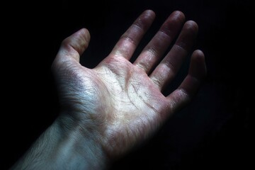 Fototapeta premium An open human hand palm facing up is dramatically lit against a dark background emphasizing its texture and wrinkles