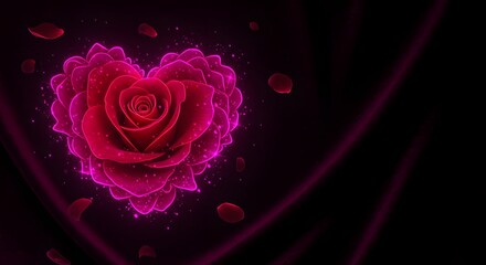 A vibrant heart shaped rose with glowing magenta outlines on a dark background with scattered petals