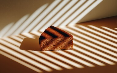 Chocolate cake slice on warm background with dramatic striped shadows
