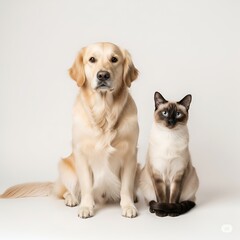 Obraz premium Dog and Siamese Cat Sitting Together Isolated