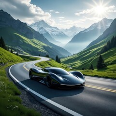 Sleek Sports Car on Mountain Road and Sunburst