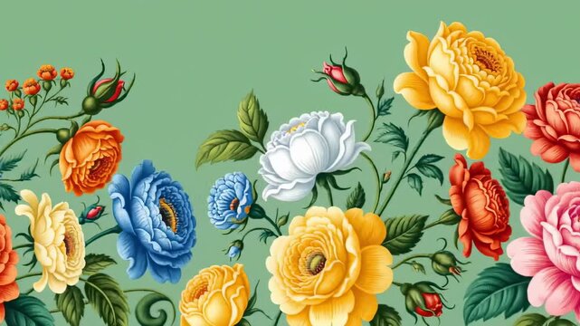 Vibrant floral pattern on a muted green background