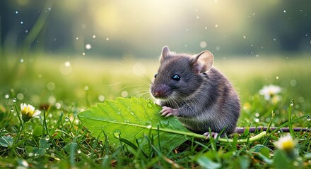Adorable Woodland Mouse with Green Leaf in Dewy Setting