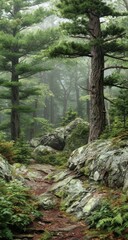 Fototapeta premium Misty forest path winds through rocks